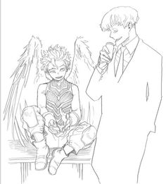 a drawing of an angel sitting on top of a bench next to a man in a suit