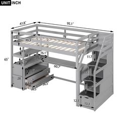 the bunk bed with drawers is shown in grey and features measurements for each section, including two