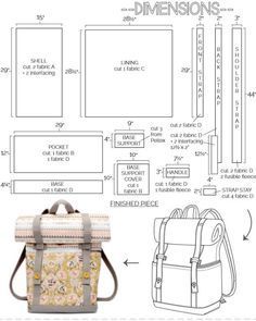 the back side of a backpack with measurementss and instructions for how to use it