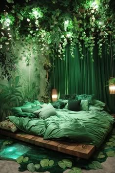 a bed with green sheets and pillows in a room that has plants growing on the walls