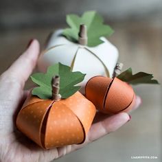 two paper pumpkins with leaves on them are being held by someone's hand