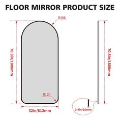 the floor mirror product size is shown with measurements for each side and top section, along with