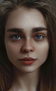 a woman with long hair and blue eyes is shown in this digital painting style photo