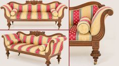 three different views of a couch and chair with striped upholstered fabric on it