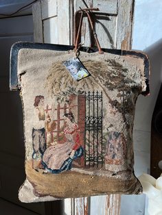 Wonderful antique French travel bag embroidered by hand, Handle broken - great for decoration..CHARMANT! Without other decoration! measures High 23" Tall 20.5" Christmas Burlap, French Travel, Purse Crafts, Embroidered Bag, Hand Bags, Sewing Ideas, Hand Bag, French Antiques, Needlepoint