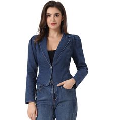 This notched lapel collar adds a stylish and structured element to this denim blazer. This jean jacket features a timeless denim fabric, giving it a classic and versatile look. It elevates the overall look and creates a more tailored and polished appearance. It can be worn over dresses, paired with skirts or pants, or even layered under coats for added warmth. Blue Single-breasted Denim Jacket With Lapel Collar, Blue Single Breasted Denim Jacket With Lapel Collar, Classic Long Sleeve Denim Jacket With Double Button Closure, Spring Slim Fit Blazer With Button Closure, Denim Blue Single Breasted Jacket With Lapel Collar, Denim Blue Single-breasted Outerwear With Lapel Collar, Denim Blue Single Breasted Outerwear With Lapel Collar, Spring Medium Wash Blazer With Buttons, Elegant Fitted Long Sleeve Denim Jacket