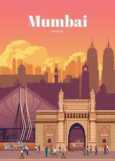 an illustration of people walking in front of a building with the word mumbai on it