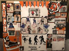 a bulletin board with hockey players on it and an orange banner in the background that says minor league