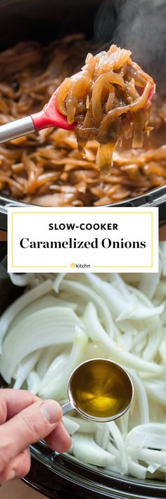 slow cooker caramelized onions being spooned into an instant pot