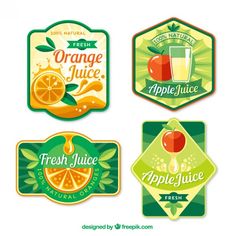 four badges with fresh juice and oranges