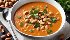 a white bowl filled with carrot soup and cashews