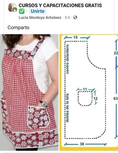 a woman wearing an apron with pockets on the front and side, next to a sewing pattern