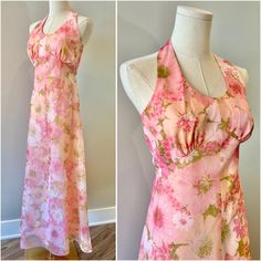 1960s pink halter dress!! There is nothing I love more than a gorgeous halter dress, especially one that's pink and floral!! No flaws noted, absolutely stunning. Pictures taken without dress fully zipped.  12.25" empire-ish waist, 14.5" at the bust (can probably be a little more since it's halter) and 53" from approx shoulder to hem. Measured flat.  ☆ Disclaimer ☆ Vintage items are preloved and may exhibit signs of wear and tear consistent with their age and history. I do my best to examine and describe any flaws or issues noted in the garment. If you have any questions or require additional information about a particular item, please reach out to me before making your purchase!! All sales final. Also, be sure to review the measurements provided and compare them to your own body measuremen Pink Halter Dress, Floral Halter Dress, Love More, Women Maxi, Dress Floral, Vintage 1960s, Dress Clothes For Women, Pink Floral, Halter Dress