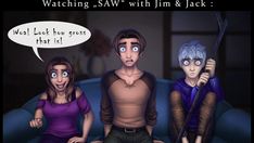 three people sitting on a couch with one holding a wand and the other saying watching saw with him & jack?