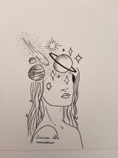 a drawing of a woman with planets on her head