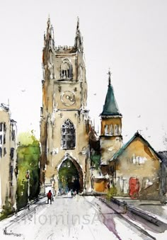 a watercolor painting of a church in the middle of a street with people walking on it