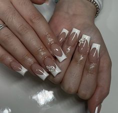 Cute White Tip Acrylic Nails, White Quince Nails Medium, White Frenchies With Rhinestones, Nails For Confirmation, White Nails For Graduation, White Medium Nails, White Quince Nails, Baptism Nails, Grad Nails Acrylic