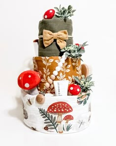 a stack of mushroom themed items on top of each other in front of a white background