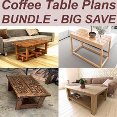 coffee table plans for the living room and dining room with text overlay that reads, coffee table plans bundle - big save