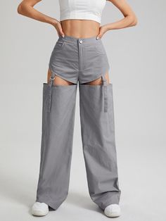 Light Grey Sexy   Cotton Plain Wide Leg  Non-Stretch Spring/Summer/Fall Women Bottoms Pants Drawing, Trendy Trouser, Strap Pants, Fashion Nova Outfits, Fashion Top Outfits, Cargo Pants Outfit, Classy Dress Outfits, Jeans Diy, African Print Fashion