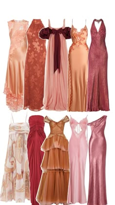 six different types of dresses are shown in the same color and size, including pink, red