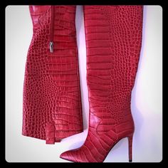 Show Stopping Red Leather Knee-High Boots. Small White Mark On Right Toe. Red Fitted Leather Heeled Boots, Red Leather Boots, Vince Camuto Boots, Open Toe Boots, Snakeskin Boots, Black Riding Boots, Suede Tassel, Black Heel Boots, Slouched Boots