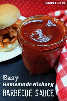 an easy homemade hickory barbecue sauce on a plate next to a hamburger bun