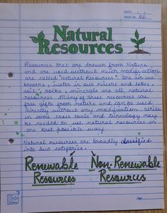 a piece of paper with writing on it that says natural resources and non - removable resources