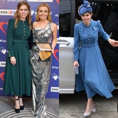 three women in dresses and hats standing next to each other