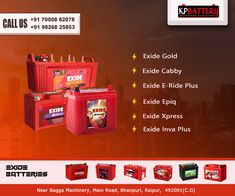 an advertisement for exide batteries in red and black with images of the company's products