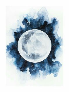 a painting of the moon with clouds and stars around it in black and white colors