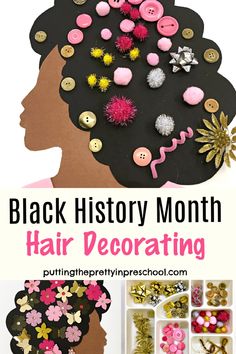 black history month hair decorating with pink and gold buttons on the top, and an image of a woman's head