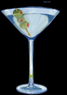 a drawing of a martini glass with an olive garnish on the rim and green olives in it