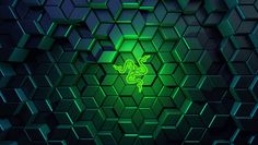 an abstract background with hexagonal cubes and a neon green lizard on it