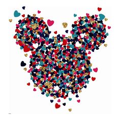 mickey mouse's head made up of hearts and confetti on a white background