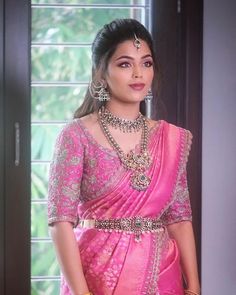 Pattu Saree Outfit Ideas, Reception Look Ideas Indian, Traditional Reception Look, Pochampalli Design Dresses, Engagement Saree Blouse Designs, Half Saree Makeup Look, Blouse Designs For Wedding Saree, Kanchipattu Half Sarees, Latest Bridal Sarees Indian Weddings