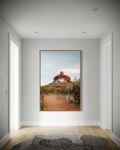 an empty room with a painting hanging on the wall and a rug in front of it