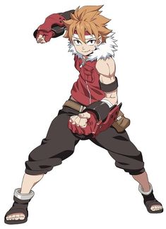 an anime character with red hair and black pants, holding his fist up in the air