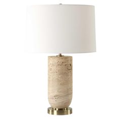 a table lamp with a white shade on it