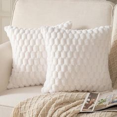 two white pillows sitting on top of a couch