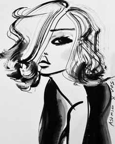 a black and white drawing of a woman's face with her hair blowing in the wind