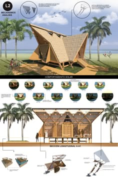 an image of a wooden structure with many details on the front and back sides, including palm trees