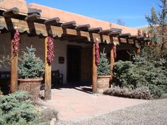 an outside view of a building with potted plants and trees on the front porch