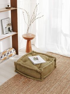 a dog bed sitting on the floor in front of a book shelf with a vase next to it