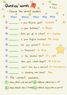 a handwritten question sheet with words and pictures on the page, which are in different colors