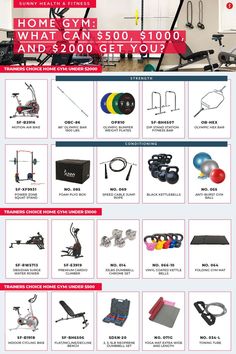 an advertisement for a gym equipment store, with the price list below it and other items displayed