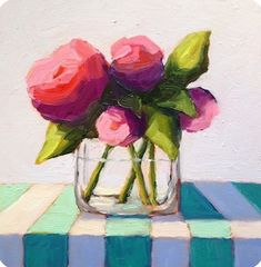 a painting of pink roses in a glass vase on a checkered tablecloth with green leaves