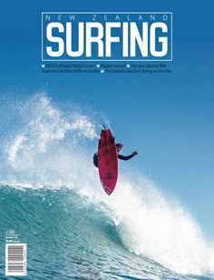 a man riding a wave on top of a surfboard in the ocean with words new zealand surfing