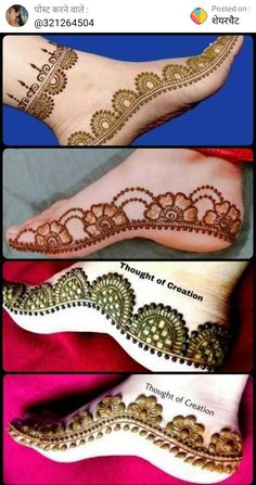 three different types of feet with henna tattoos on them and the words, thought of creation