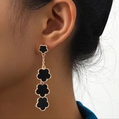 Exquisite Flower Design Dangle Earrings Elegant Bohemian Style Alloy Jewelry Delicate Female Ear Ornaments Elegant Black Flower Drop Earrings, Black Metal Flower Jewelry, Black Flower-shaped Metal Jewelry, Chic Black Flower Jewelry, Elegant Black Dangle Flower Earrings, Elegant Black Jewelry With Flower Charm, Trendy Black Flower-shaped Jewelry, Real Gold Hoop Earrings, Five Leaf Clover